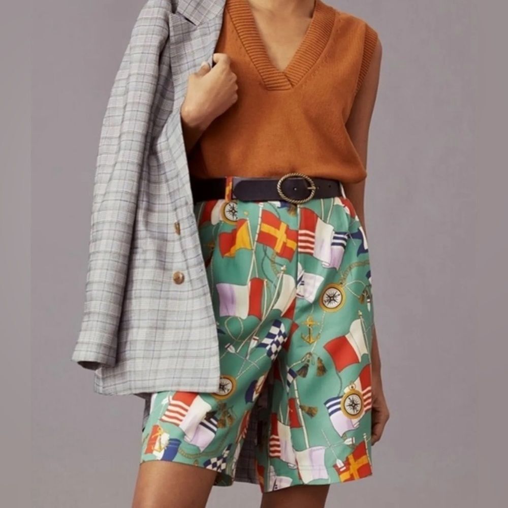 Anthropologie Maeve Preppy Retro High Waist Pleated Shorts Flags Size 4